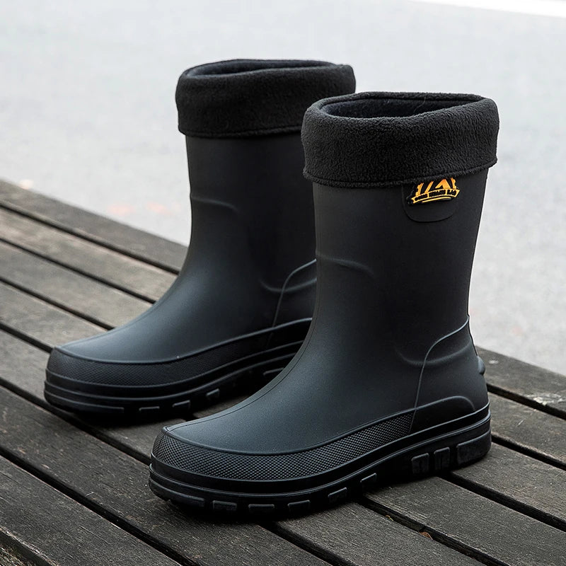 Waterproof Rubber Knee-High Rain Boots in Black