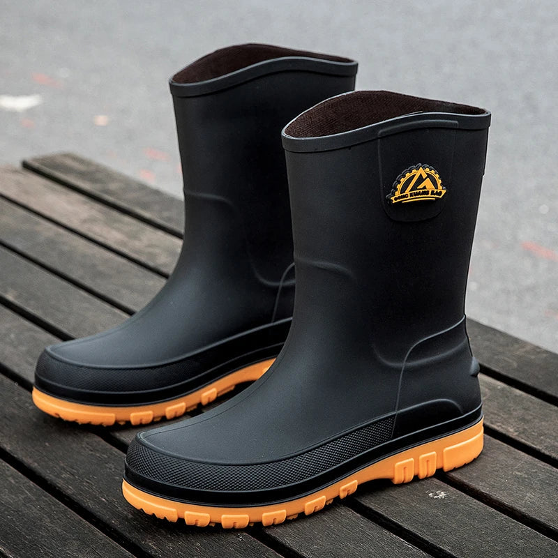 Waterproof Rubber Knee-High Rain Boots in Black