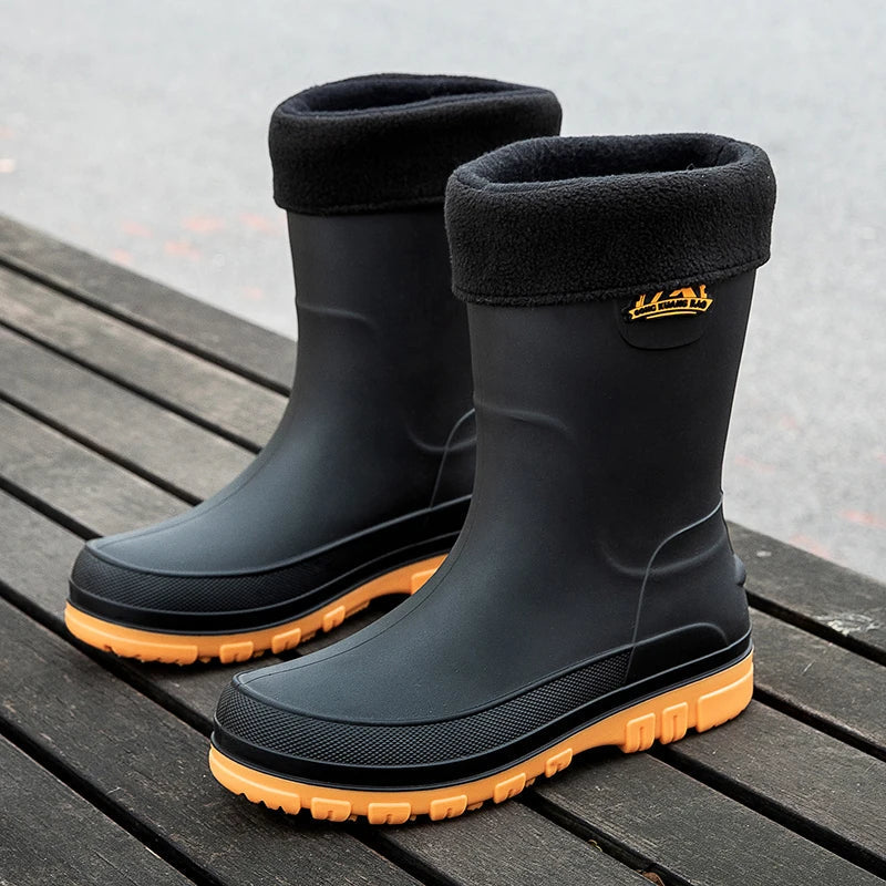 Waterproof Rubber Knee-High Rain Boots in Black