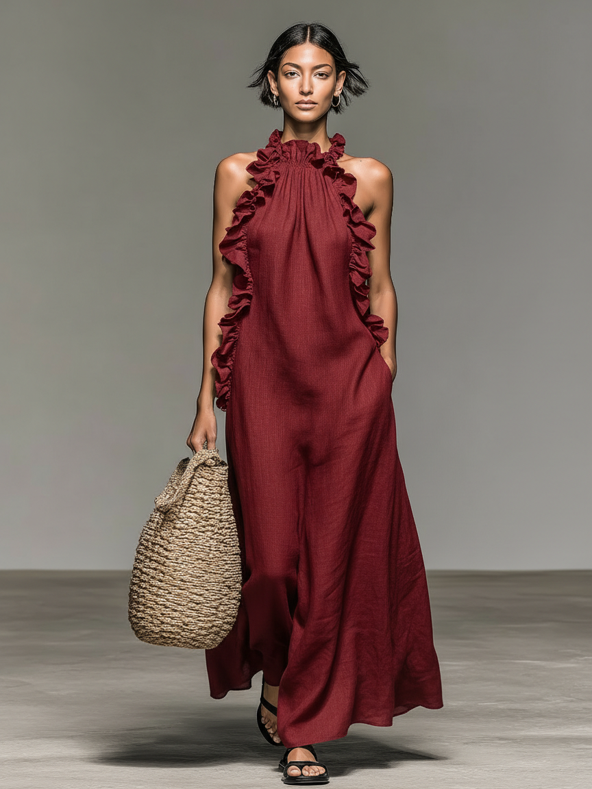 Women's Linen Ruffle Halter Maxi Dress