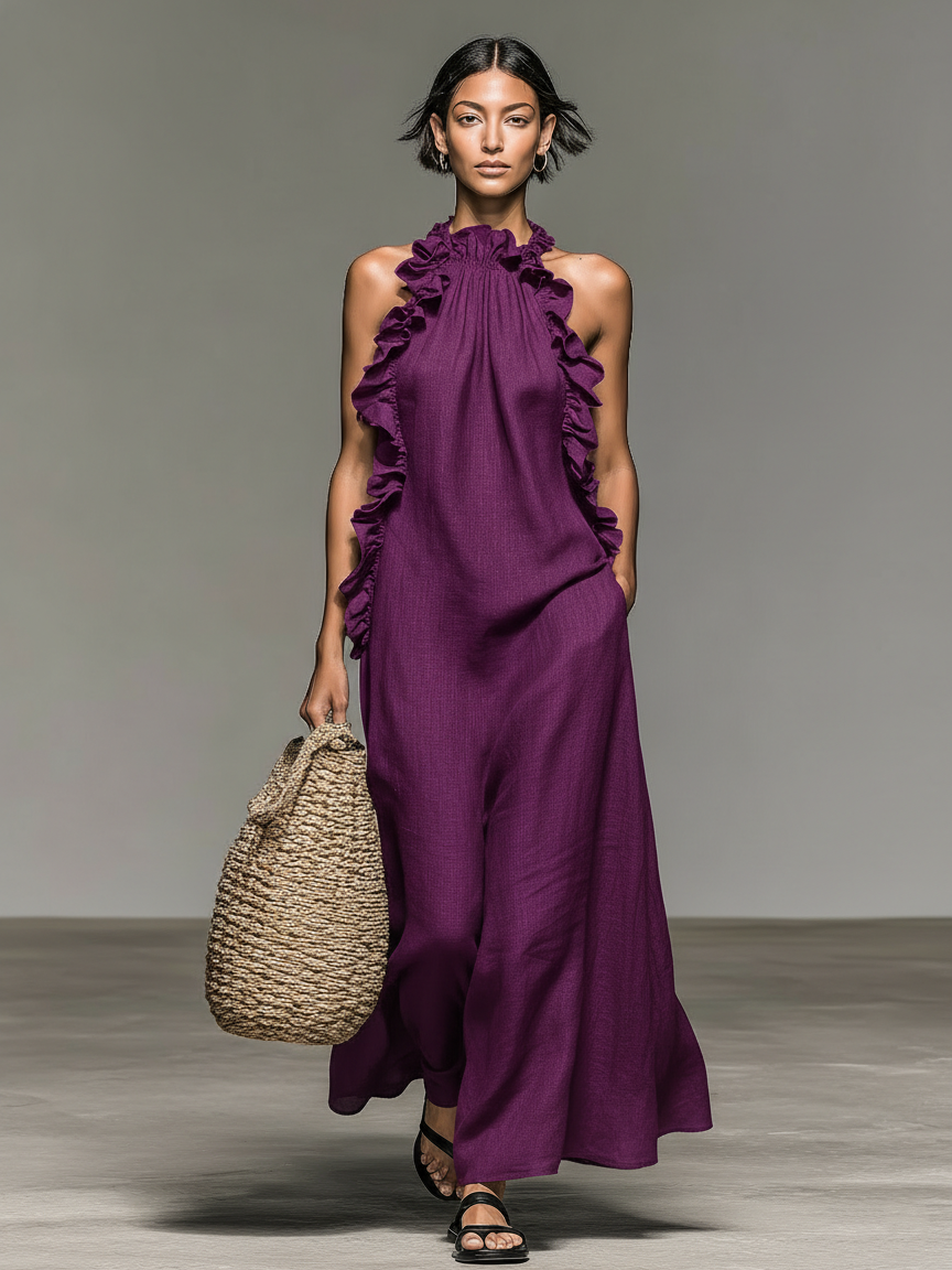 Women's Linen Ruffle Halter Maxi Dress