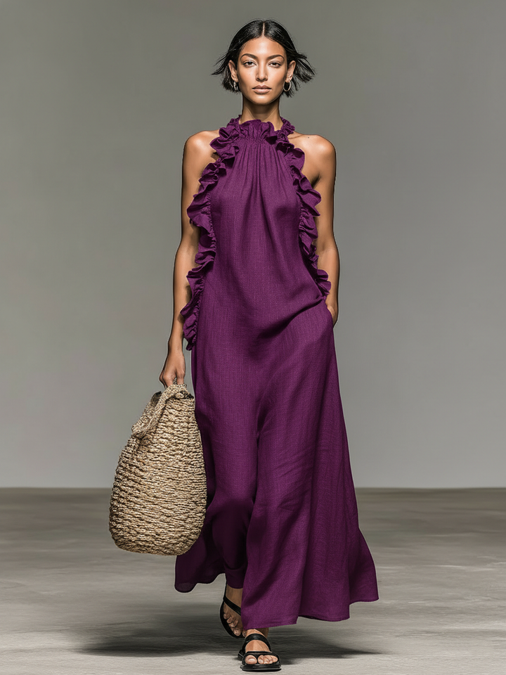 Women's Linen Ruffle Halter Maxi Dress