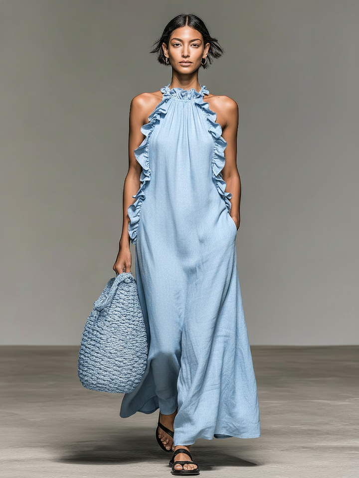 Women's Linen Ruffle Halter Maxi Dress