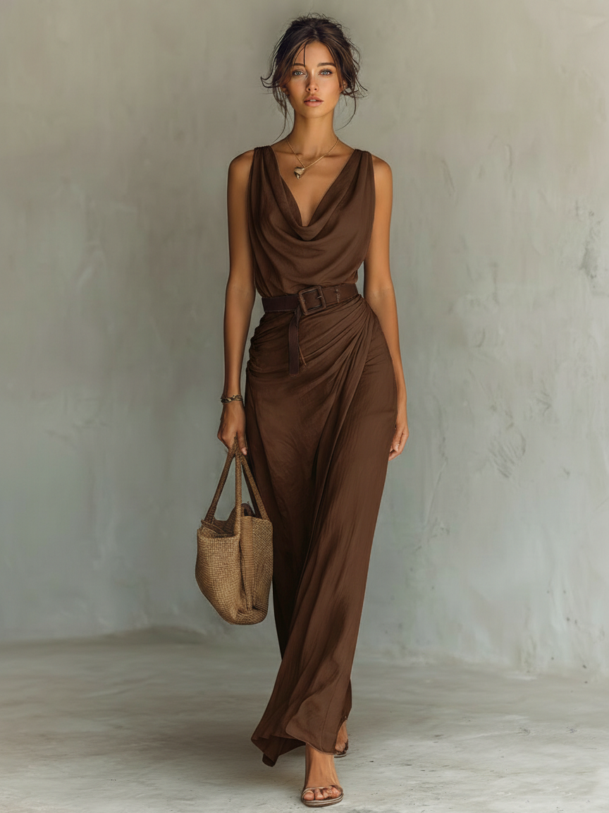 Women's Draped Cowl-Neck Belted Maxi Dress