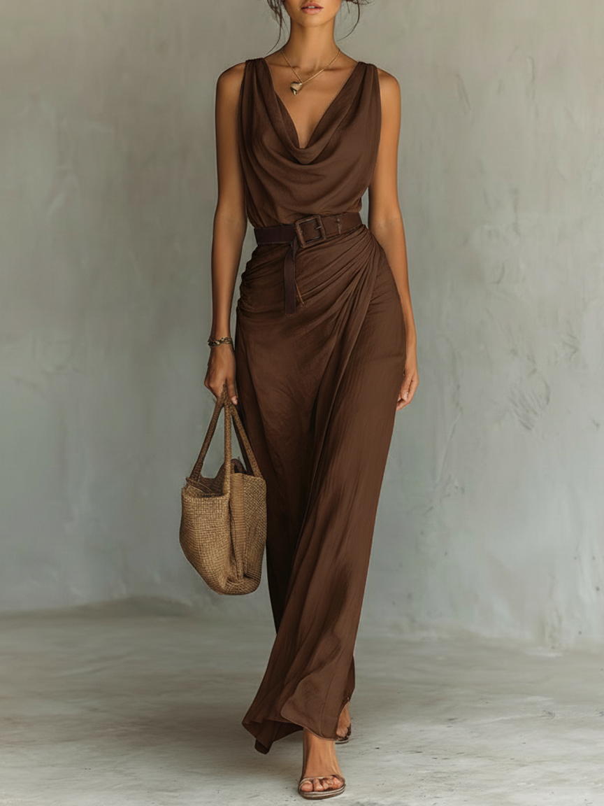 Women's Draped Cowl-Neck Belted Maxi Dress
