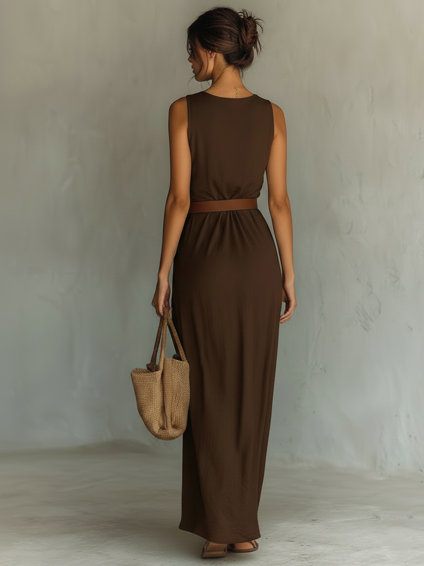 Women's Draped Cowl-Neck Belted Maxi Dress