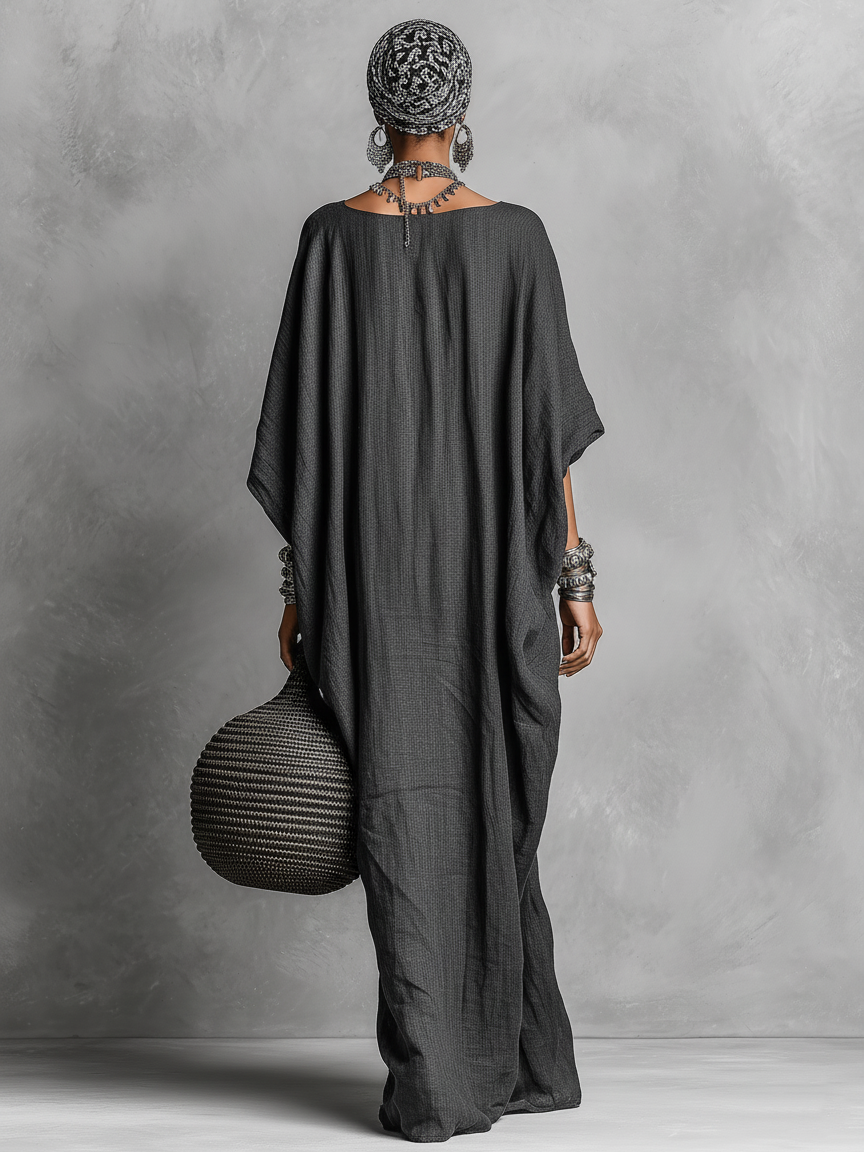Women's Linen Kaftan Maxi Dress with Dolman Sleeves