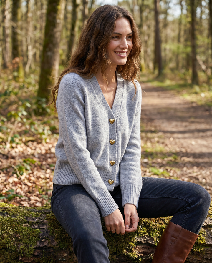 Jasmine | Heart Button V Neck Knit Cardigan