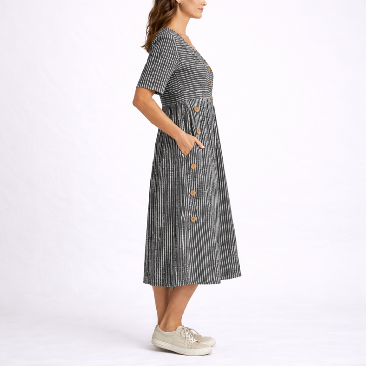 Women's Striped Midi Dress with Button Detail