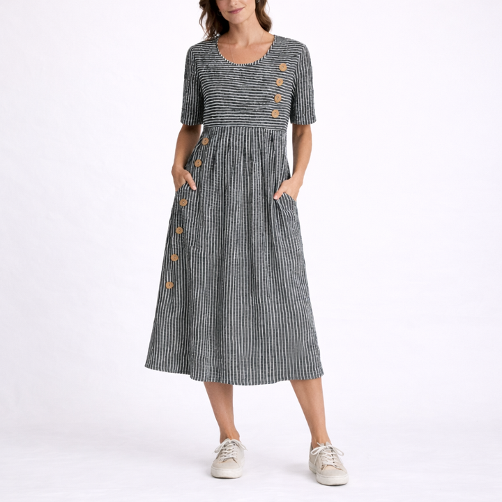 Women's Striped Midi Dress with Button Detail