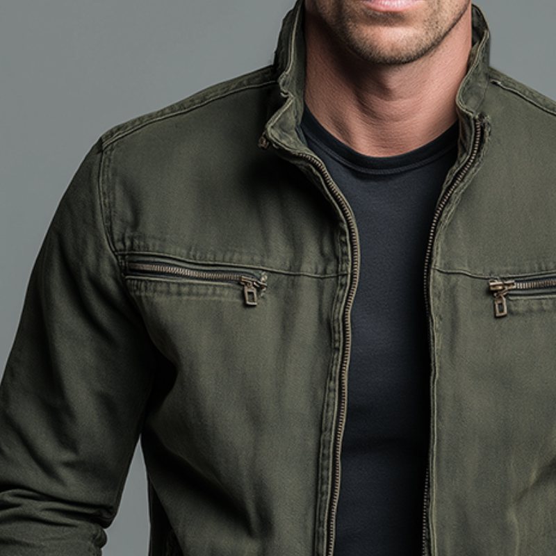 Men's Stand Collar Zip Jacket with Chest Pockets
