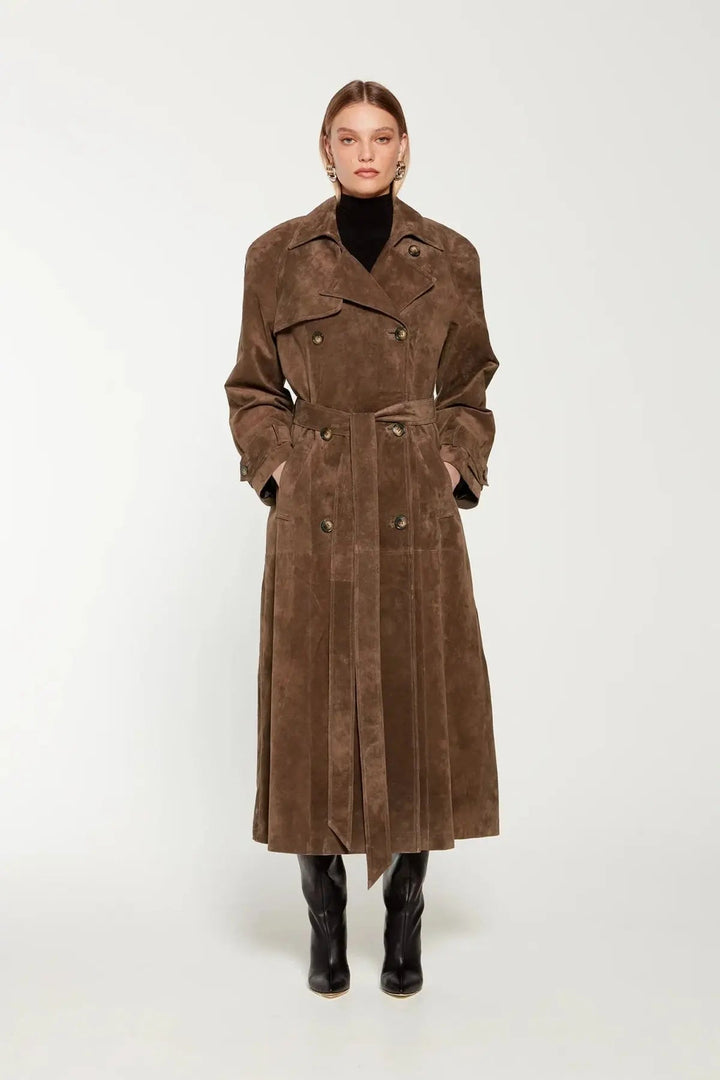 Victoria | Belted Double Breasted Suede Trench Coat