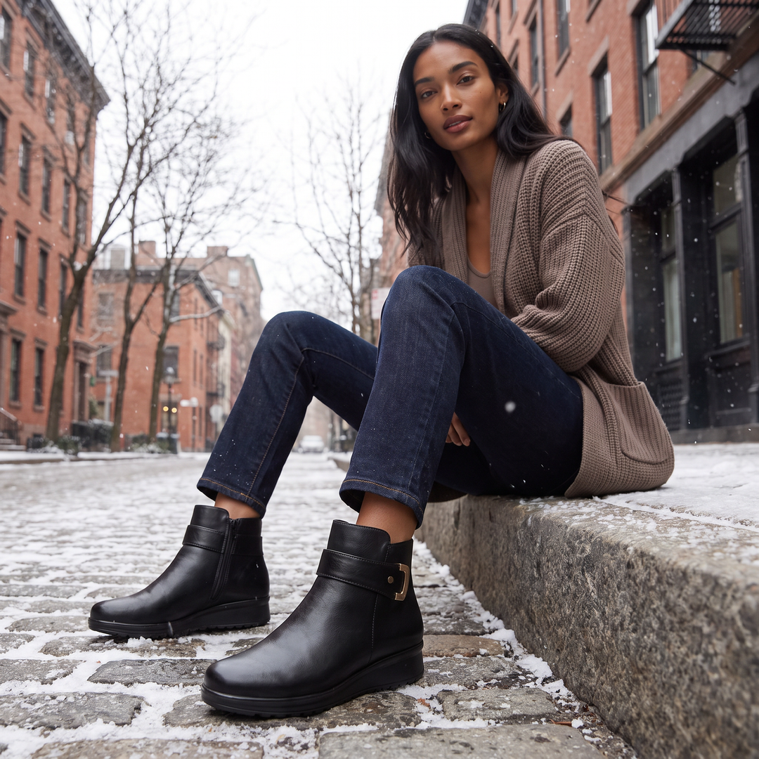 Women's Wide Fit Pull-On Ankle Boots with Buckle Strap