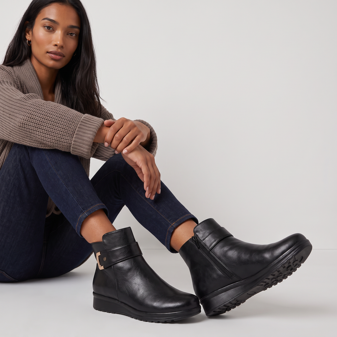 Women's Wide Fit Pull-On Ankle Boots with Buckle Strap