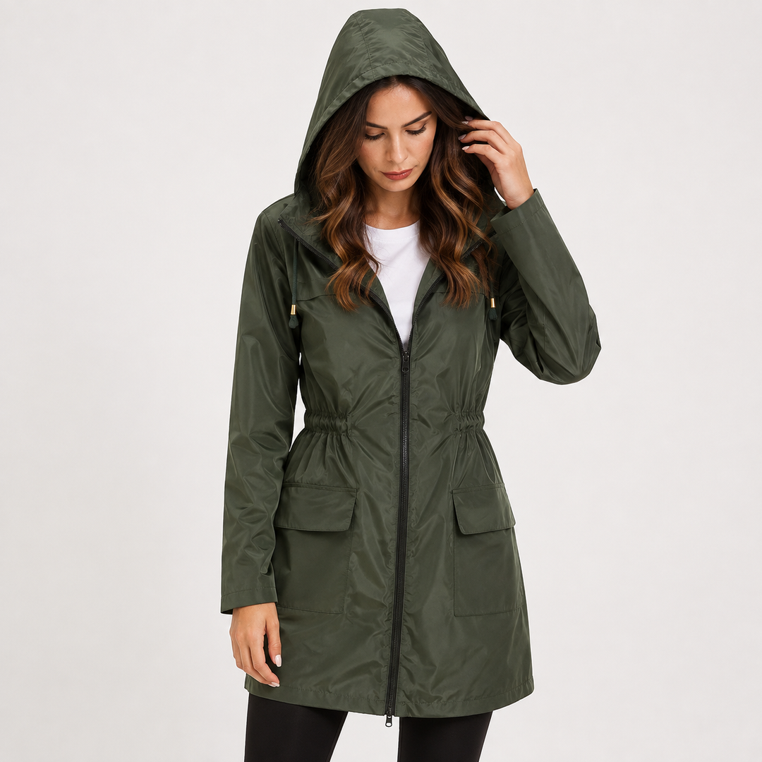 Women's Waterproof Hooded Raincoat with Drawstring Waist