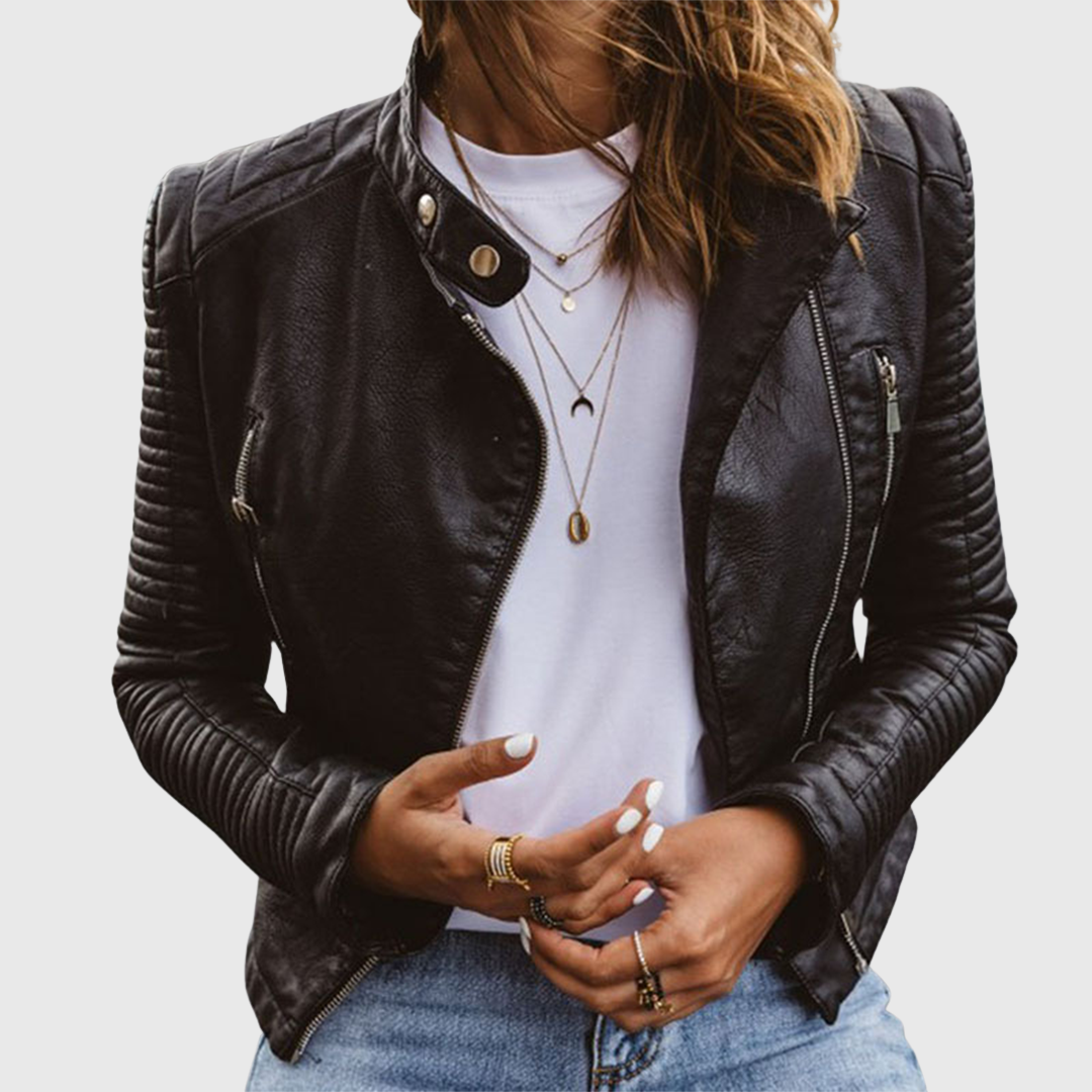 Women's Cropped Biker Jacket with Quilted Panels