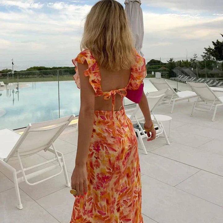 Sarah | Floral Printed Ruffle Evening Maxi Dress