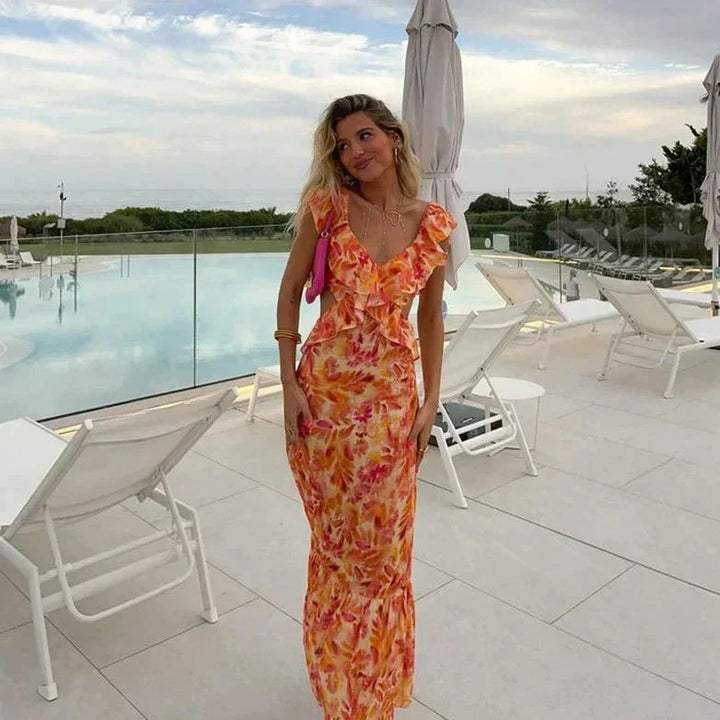 Sarah | Floral Printed Ruffle Evening Maxi Dress