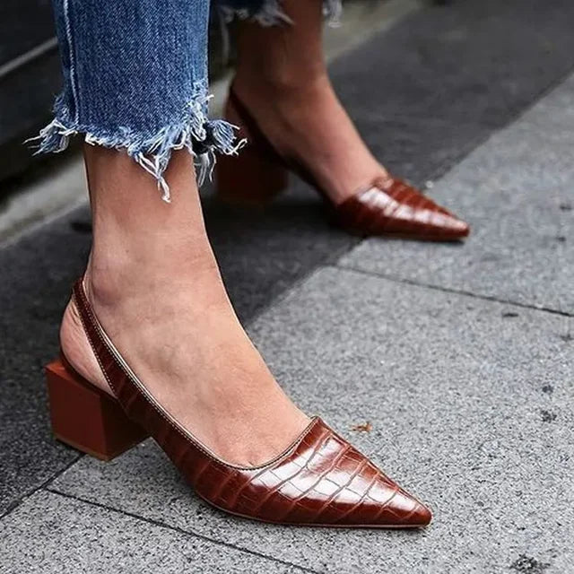 Women's Leather Block Heel Slingback Pumps