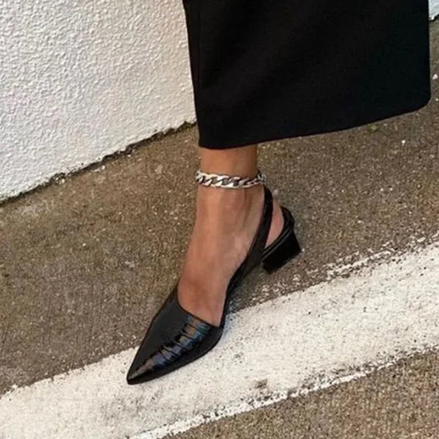 Women's Leather Block Heel Slingback Pumps