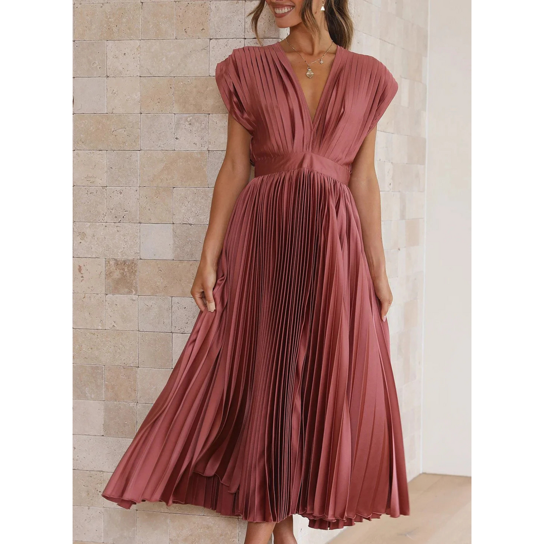Sophia | Flowing V Neck Pleated Midi Dress