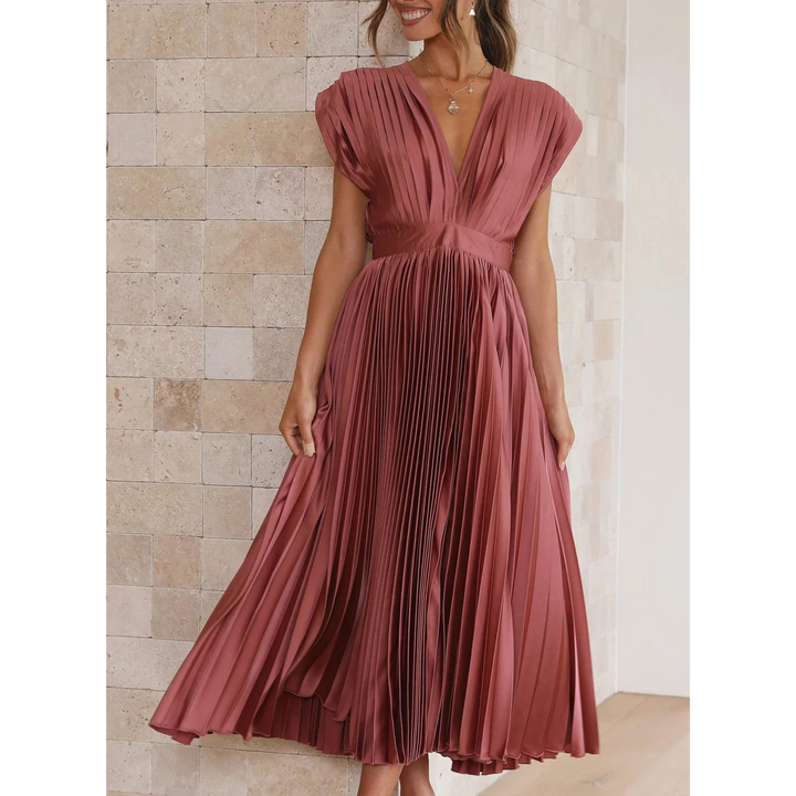 Sophia | Flowing V Neck Pleated Midi Dress