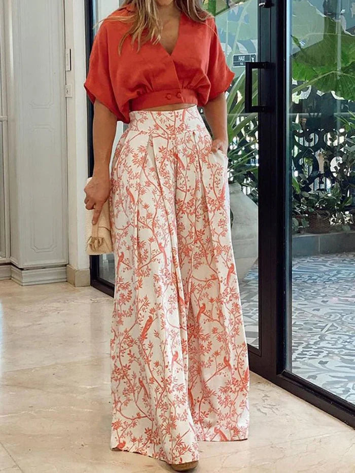 Wrap V Neck Top and Wide Leg Trouser Set