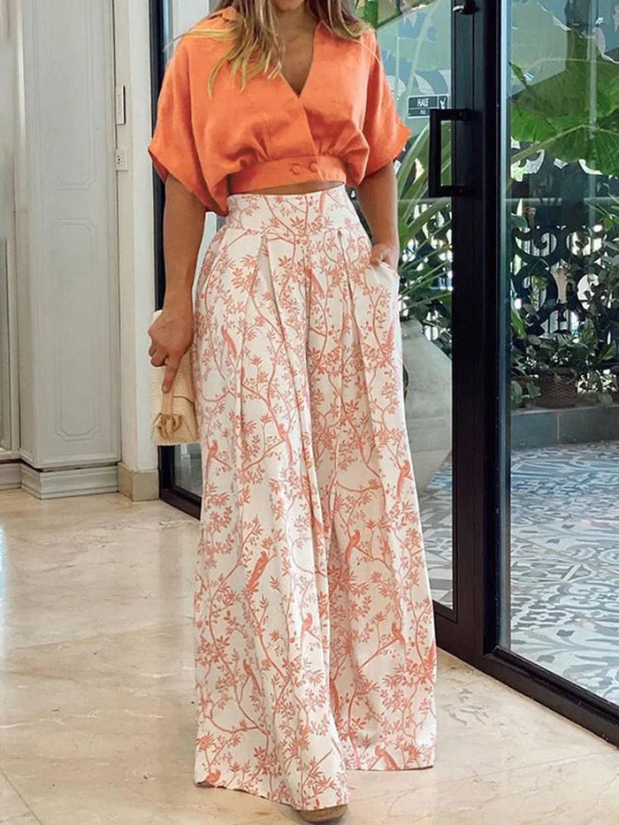 Wrap V Neck Top and Wide Leg Trouser Set