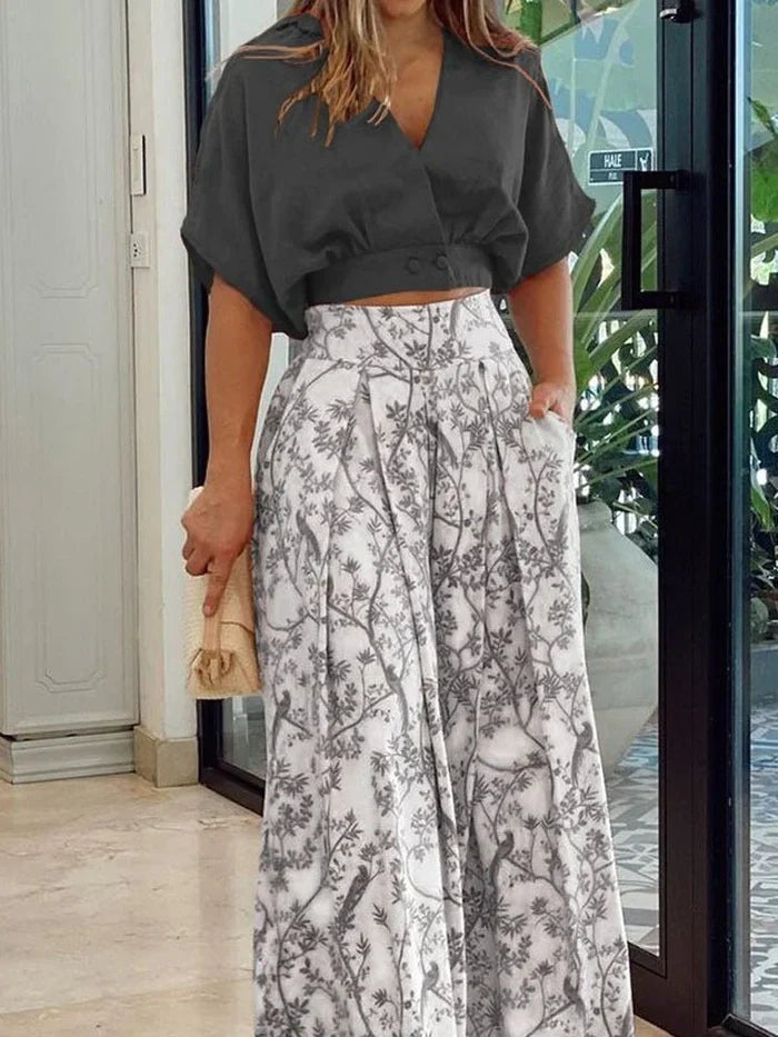 Wrap V Neck Top and Wide Leg Trouser Set