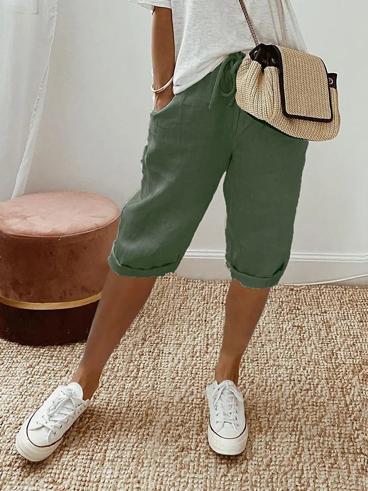 Women's Linen Cuffed Knee-Length Shorts