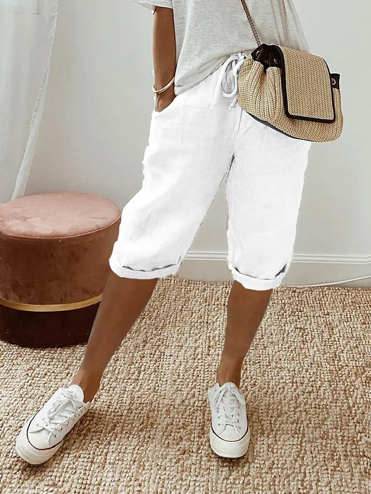 Women's Linen Cuffed Knee-Length Shorts