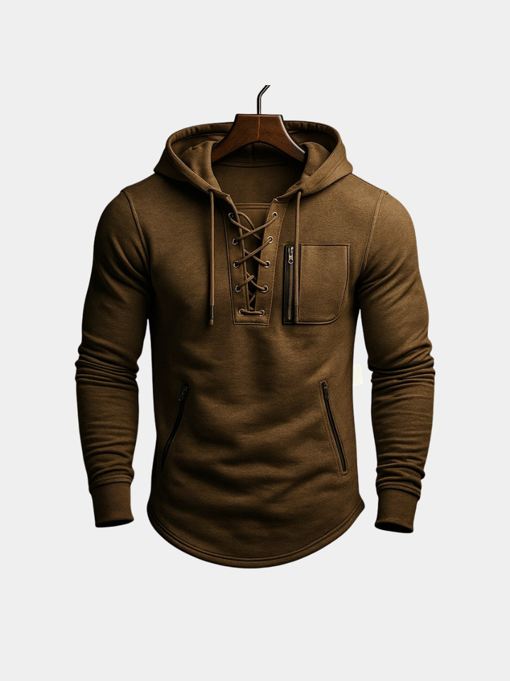 Men's Lace-Up Front Hoodie with Zip Chest Pocket