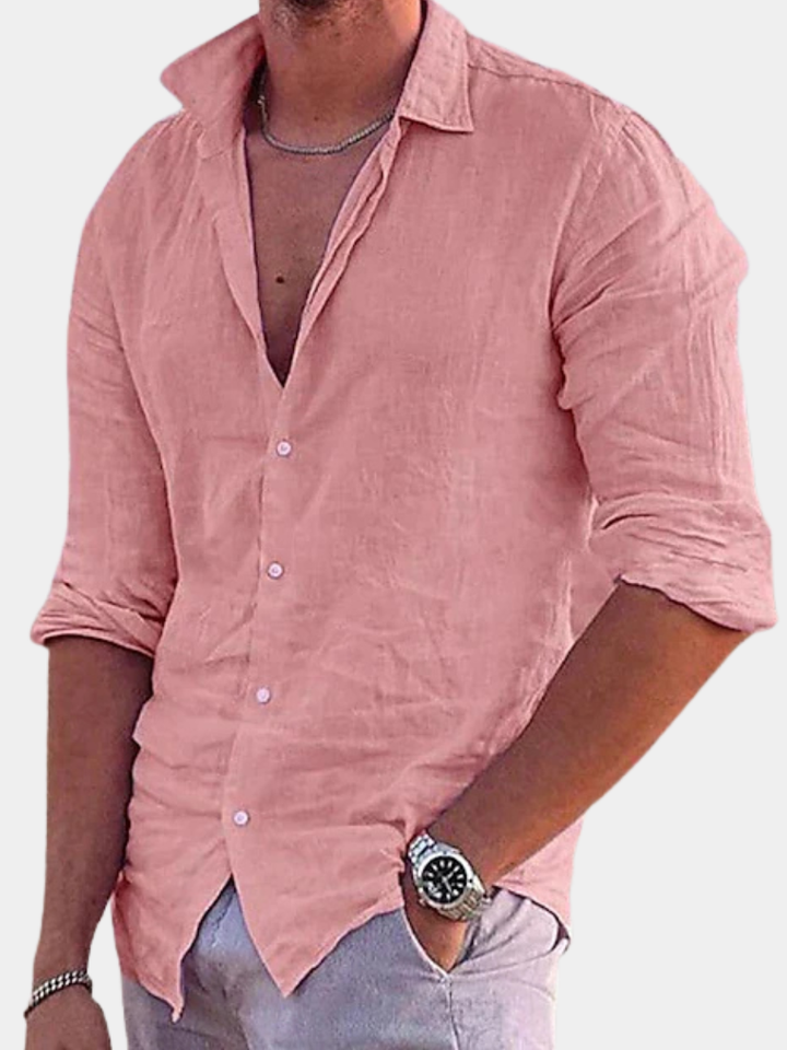 Men's Linen Button-Up Shirt with Point Collar