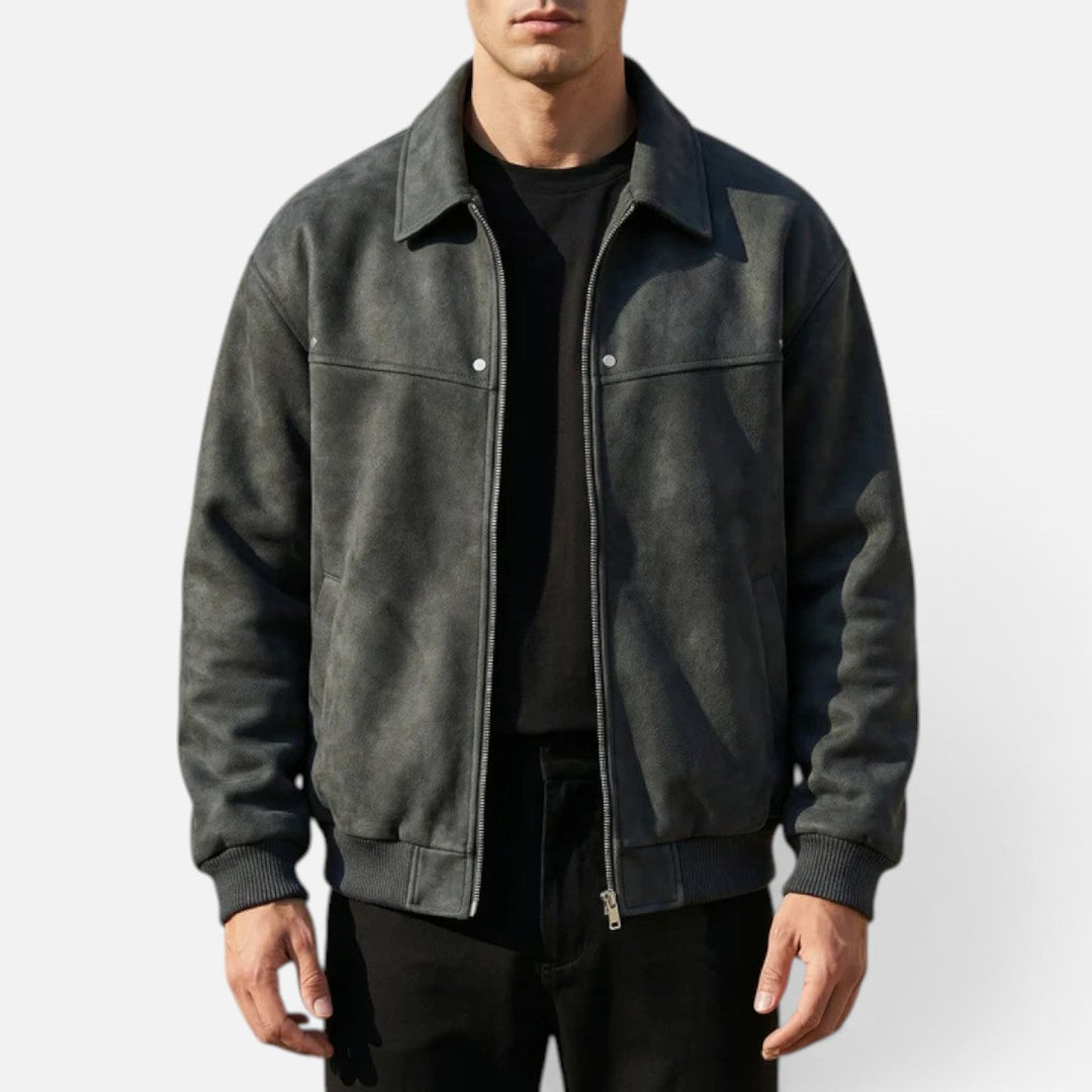 Men's Distressed Leather Jacket with Ribbed Cuffs