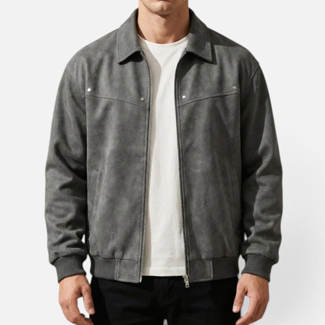 Men's Distressed Leather Jacket with Ribbed Cuffs