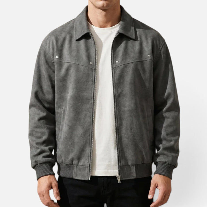 Men's Distressed Leather Jacket with Ribbed Cuffs