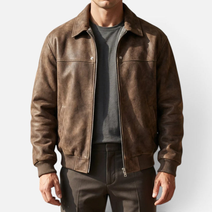 Men's Distressed Leather Jacket with Ribbed Cuffs