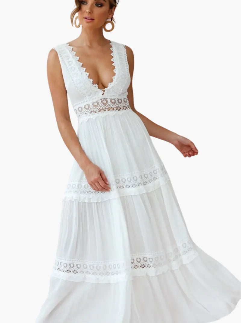 Eliza | Boho V-Neck Crochet Maxi Dress