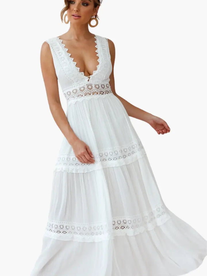 Eliza | Boho V-Neck Crochet Maxi Dress