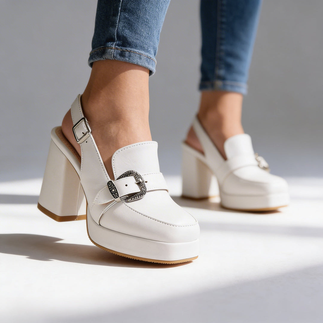 Women's Platform Slingback Loafer Heels with Ornate Buckle