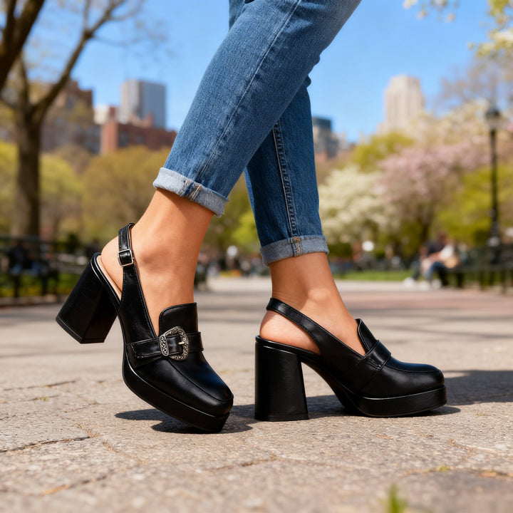 Women's Platform Slingback Loafer Heels with Ornate Buckle
