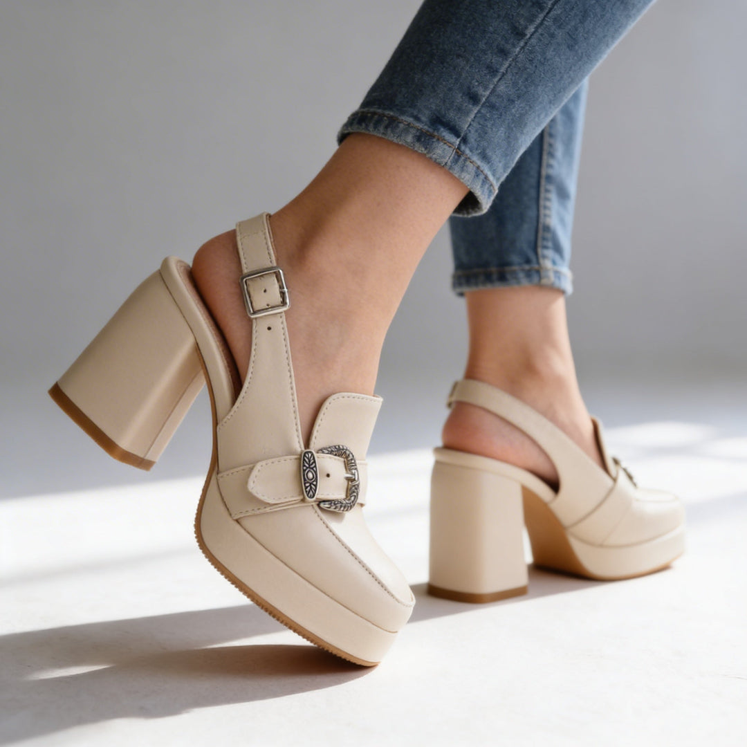 Women's Platform Slingback Loafer Heels with Ornate Buckle