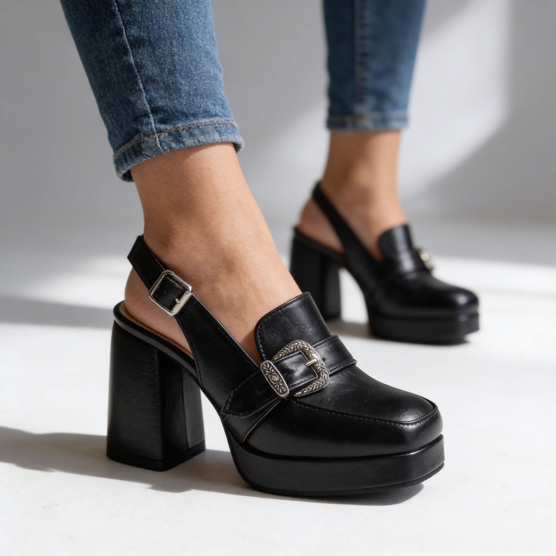 Women's Platform Slingback Loafer Heels with Ornate Buckle