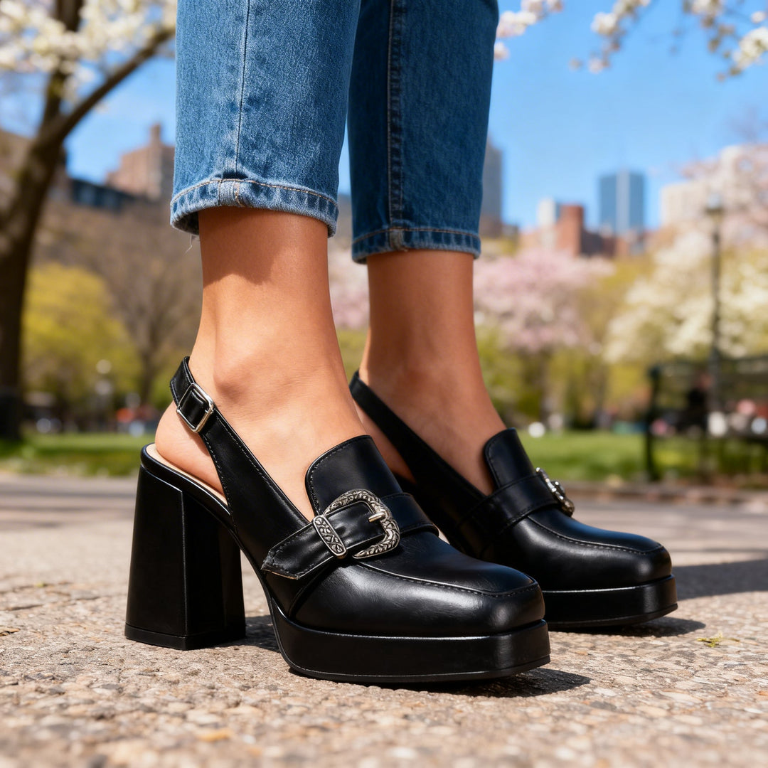 Women's Platform Slingback Loafer Heels with Ornate Buckle