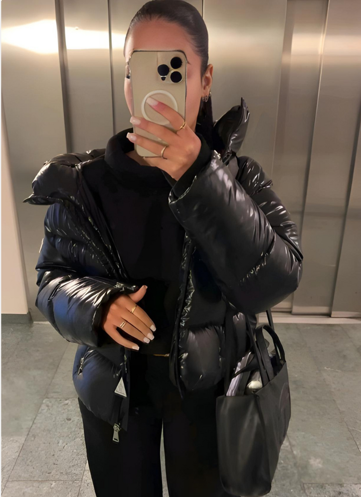 Women's Glossy Puffer Jacket with Hood in Slim Fit