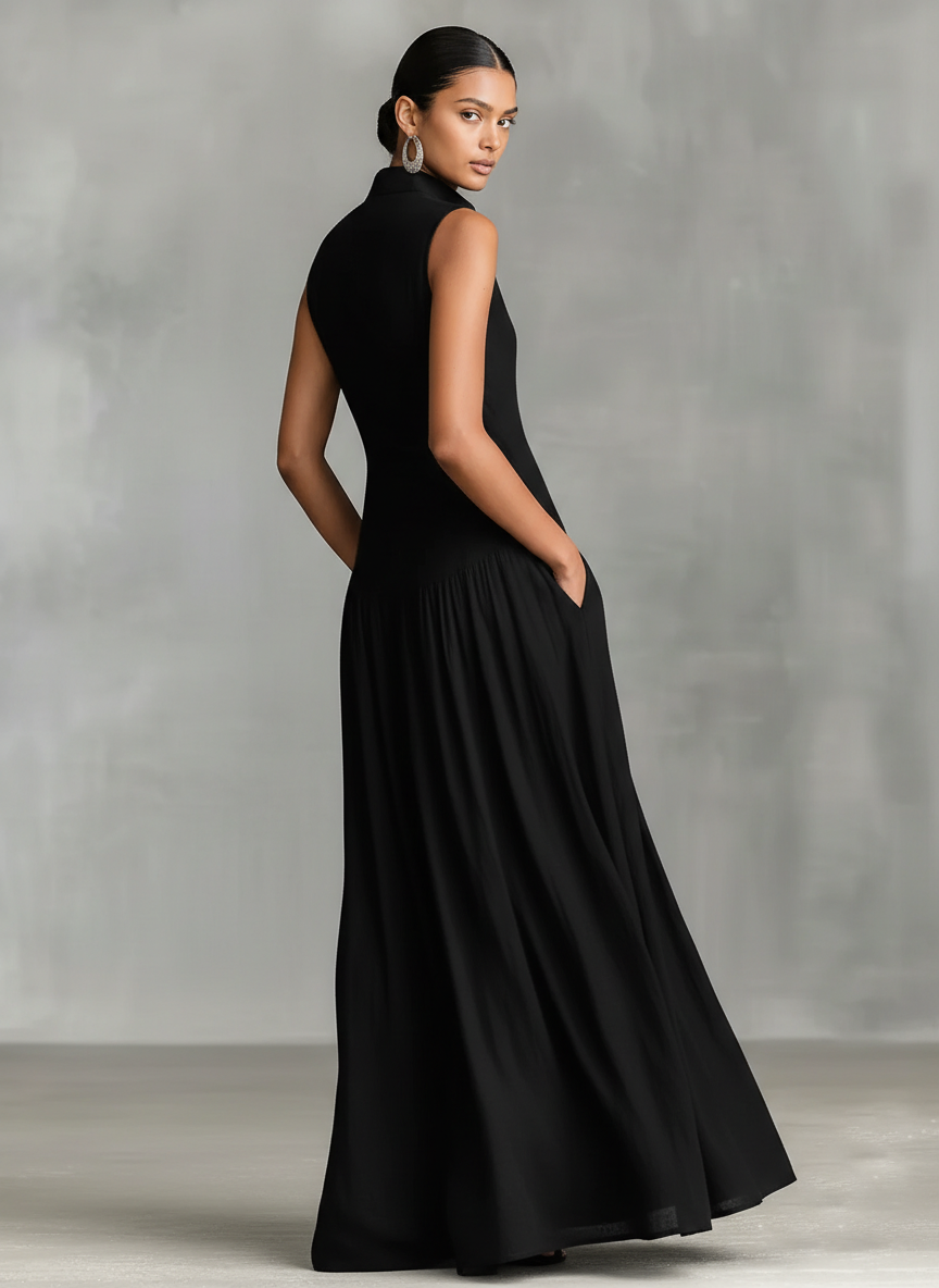 Women's Collared Button-Placket Maxi Dress