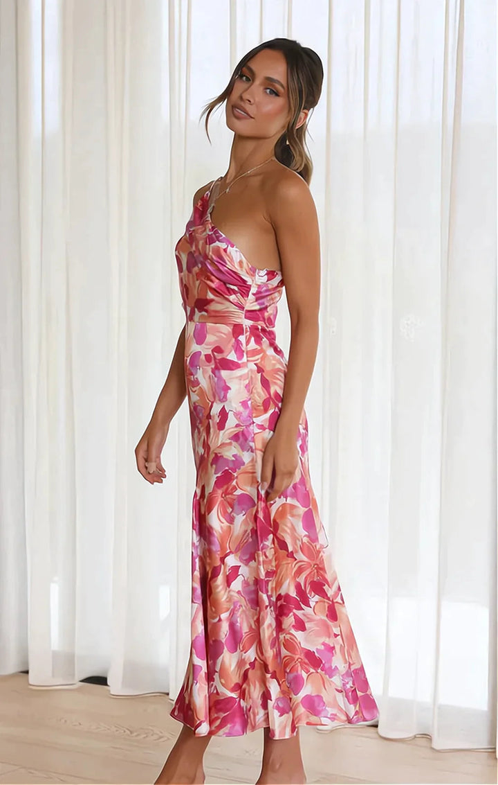 Isabella | Satin Floral One Shoulder Midi Dress