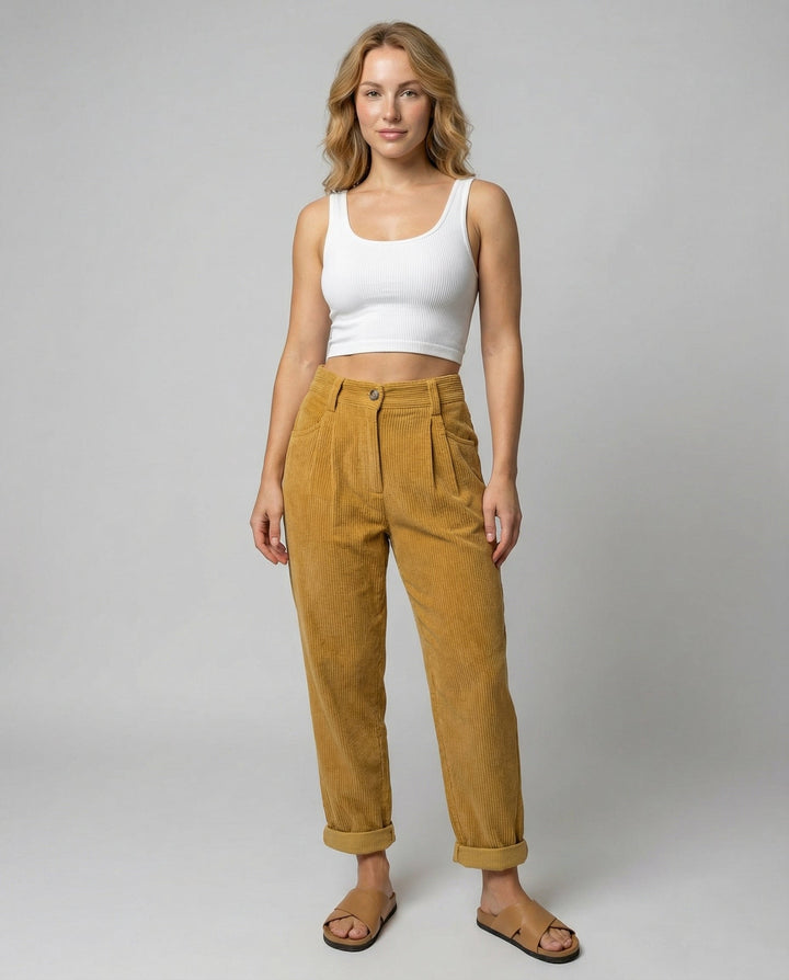 Women's Corduroy Pleated Pants with Cuffed Hem