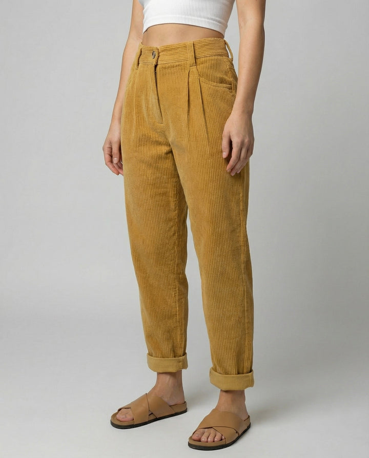 Women's Corduroy Pleated Pants with Cuffed Hem