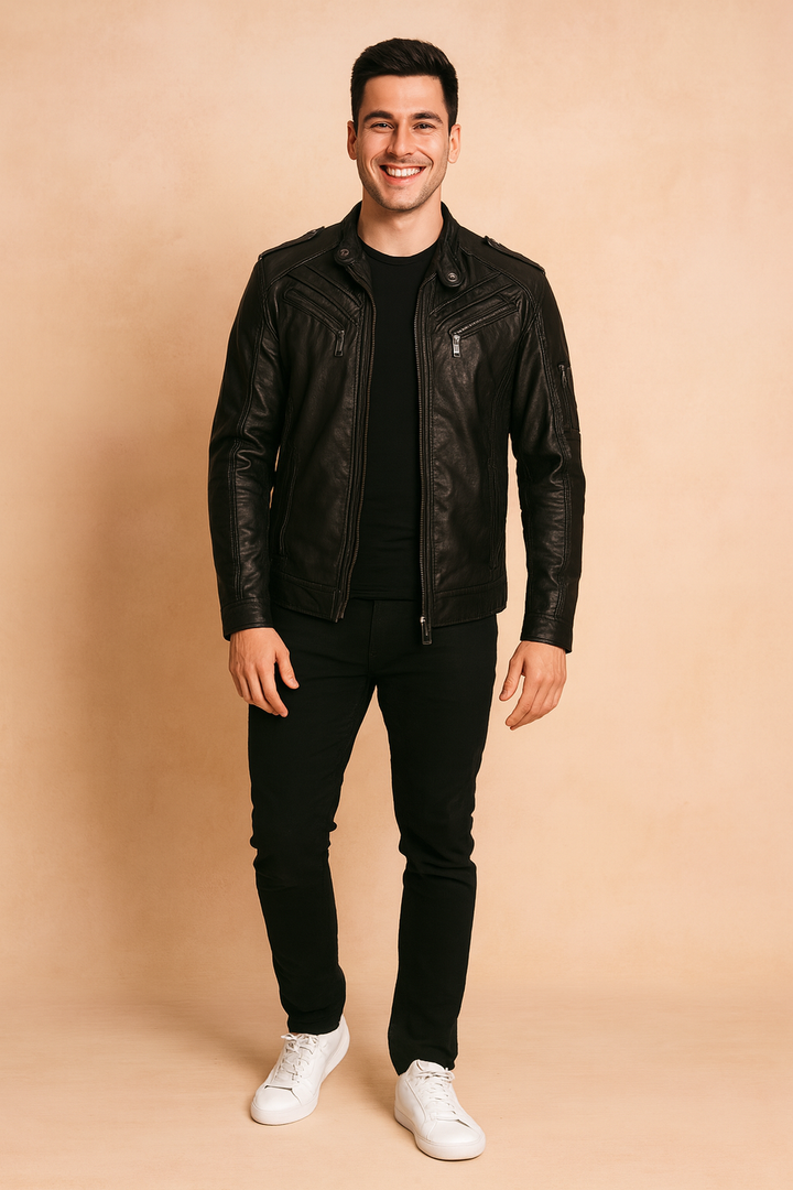 Classic Stand Collar Leather Jacket